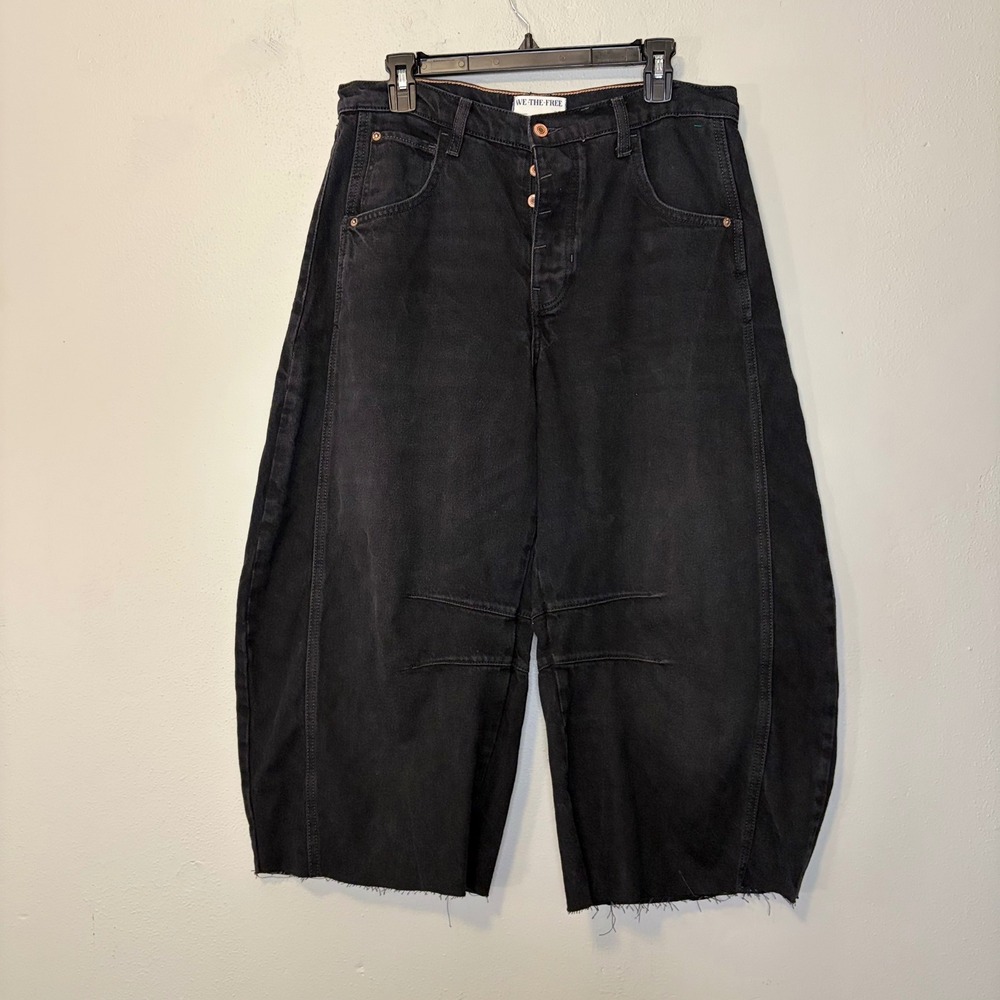Free People Good Luck Barrel Leg Jeans Washed Black 29 Raw Hem Boho Streetwear